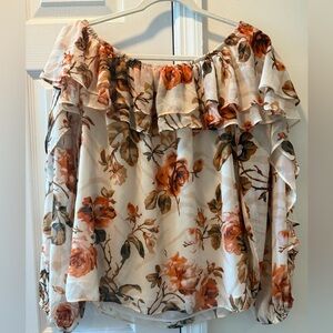 White House Black Market Floral Ruffle Blouse - Orange and Cream
